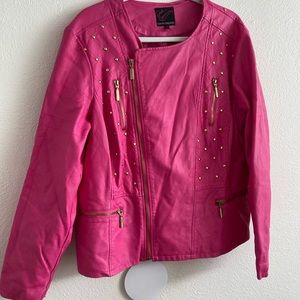 Fun hot pink faux leather jacket with gold